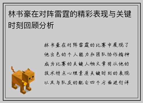 林书豪在对阵雷霆的精彩表现与关键时刻回顾分析