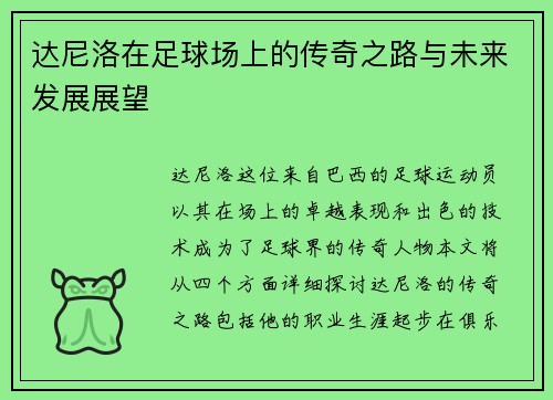 达尼洛在足球场上的传奇之路与未来发展展望