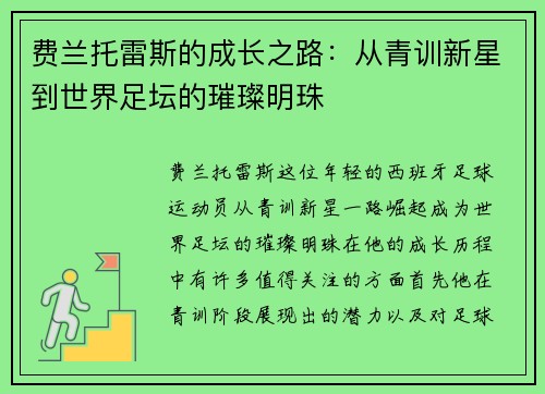 费兰托雷斯的成长之路：从青训新星到世界足坛的璀璨明珠